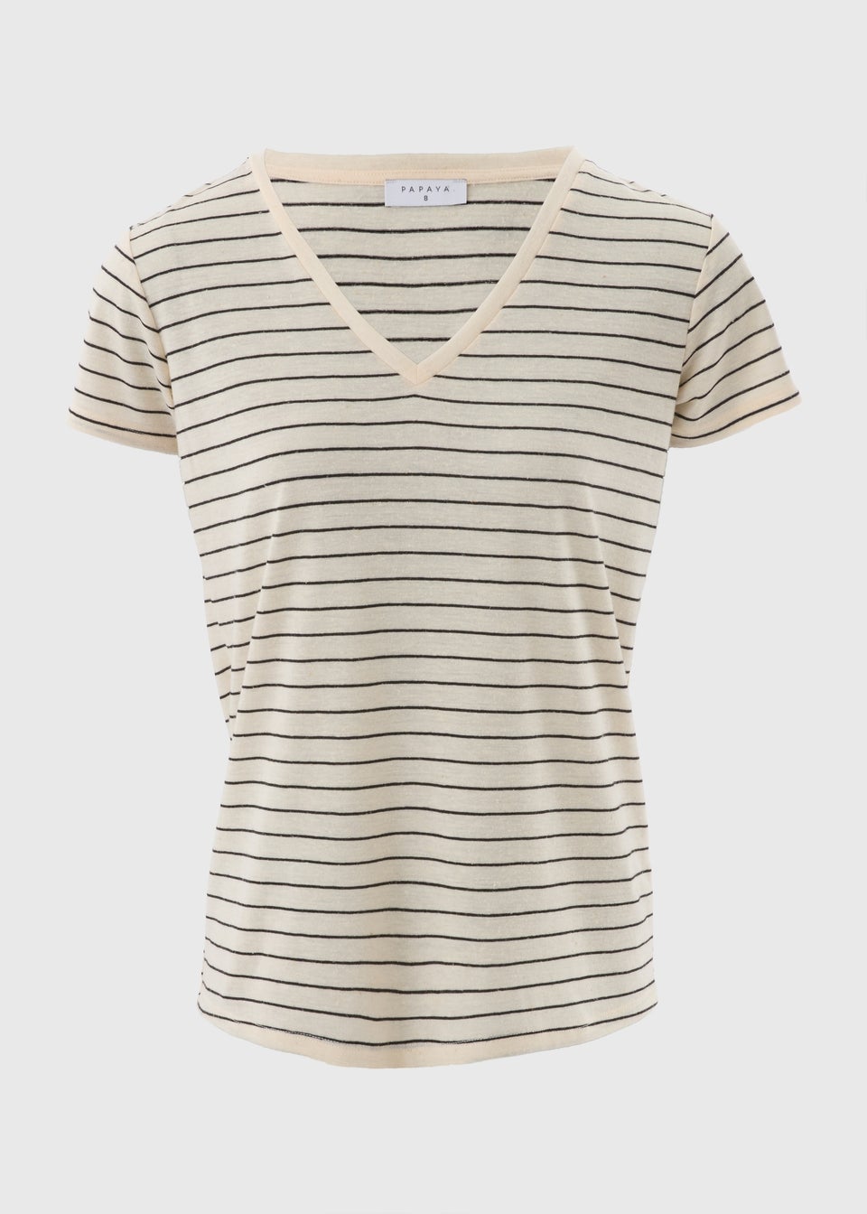 Cream Stripe Linen Blend V-Neck T-Shirt