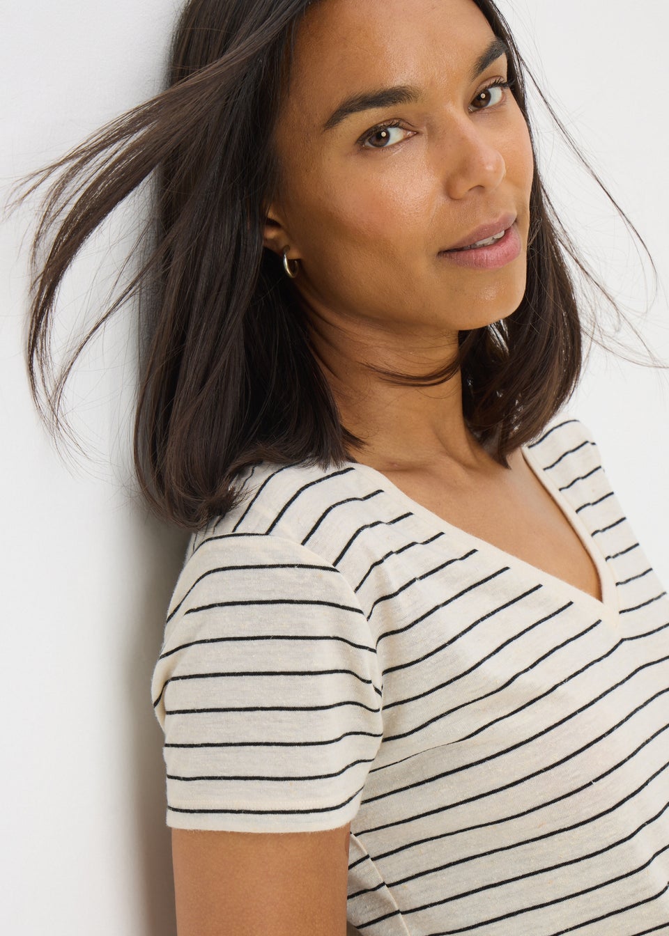 Cream Stripe Linen Blend V-Neck T-Shirt