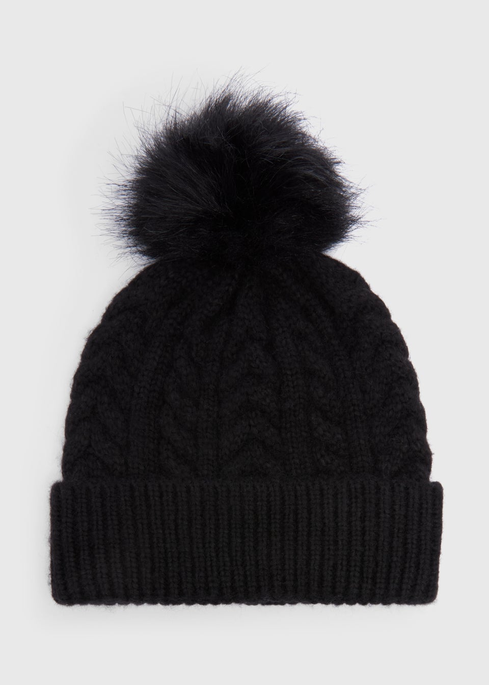 Black Cable Knit Pom Pom Beanie Hat