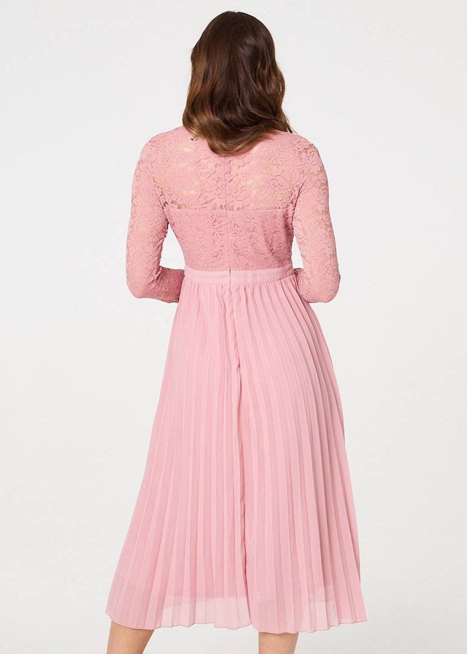 Izabel London Pink Lace Trim Pleated Long Sleeve Midi Dress