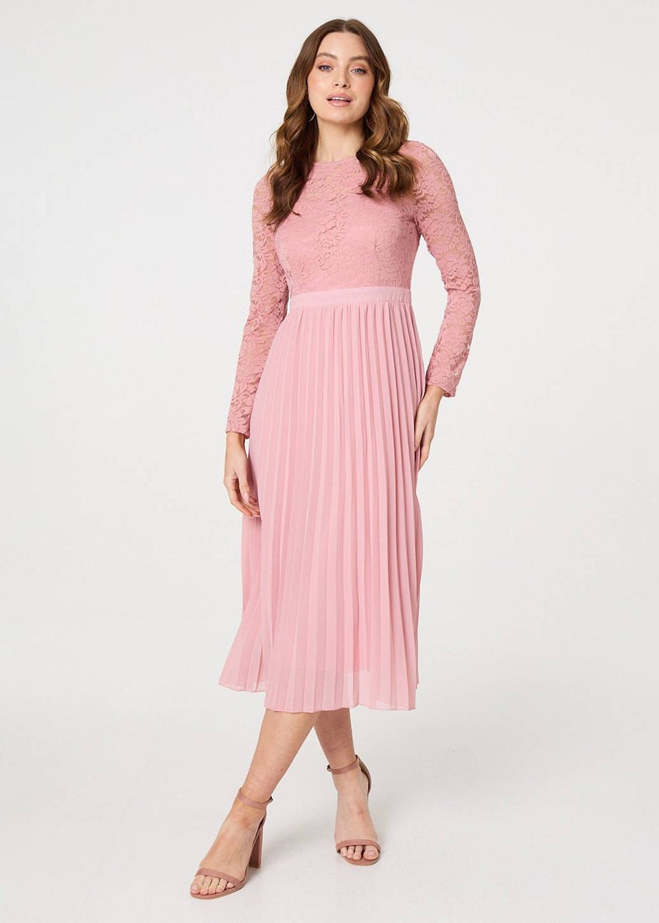Izabel London Pink Lace Trim Pleated Long Sleeve Midi Dress