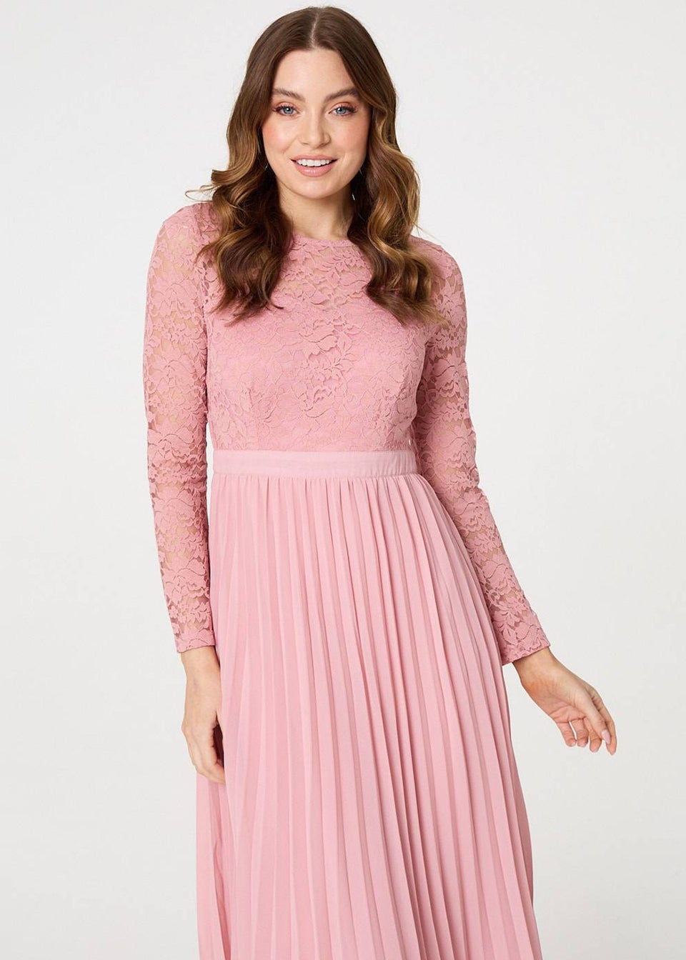 Izabel London Pink Lace Trim Pleated Long Sleeve Midi Dress