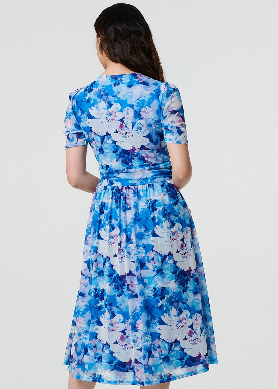 Izabel London Blue Floral Mesh Pleated Faux Wrap Midi Dress