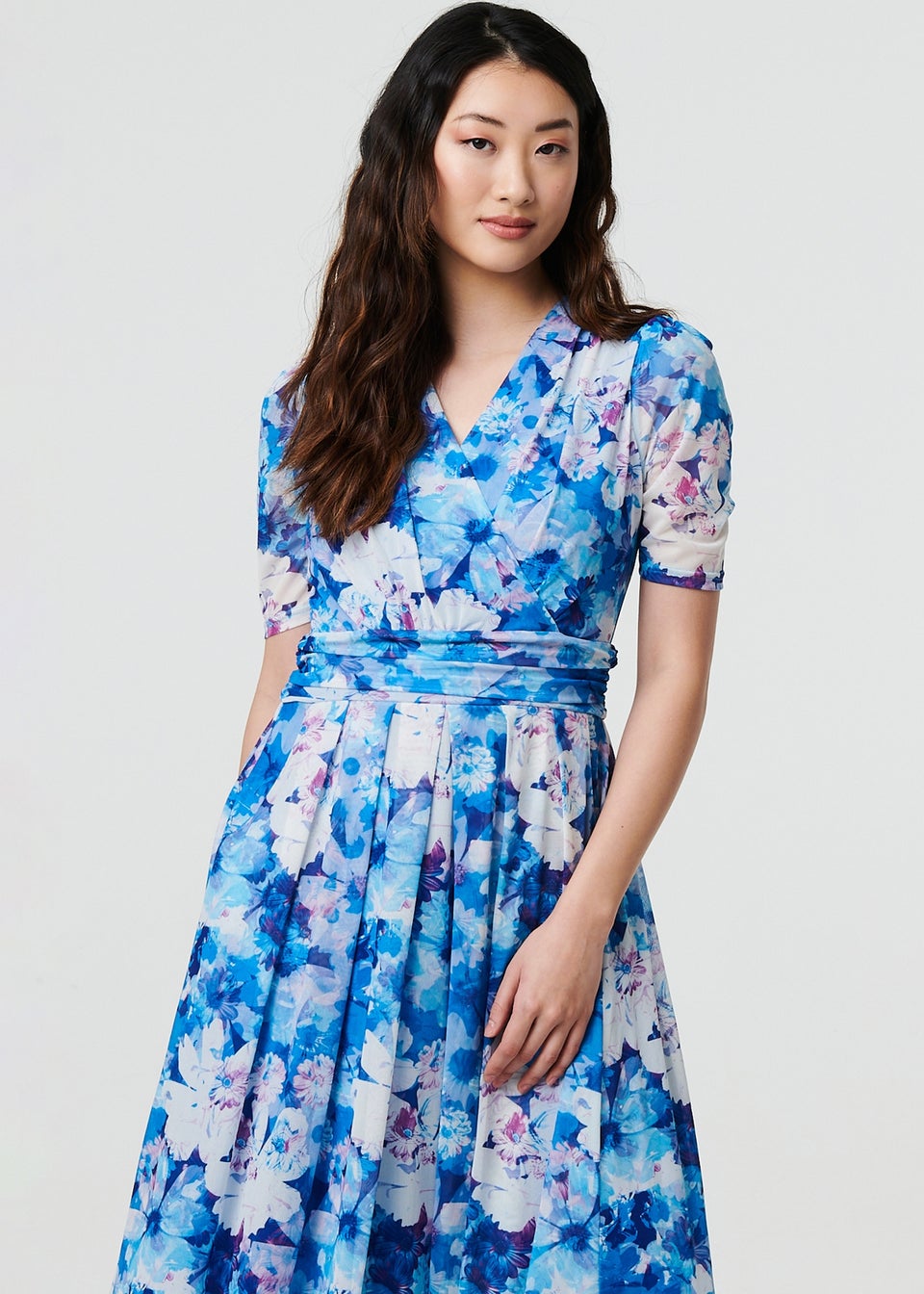 Izabel London Blue Floral Mesh Pleated Faux Wrap Midi Dress