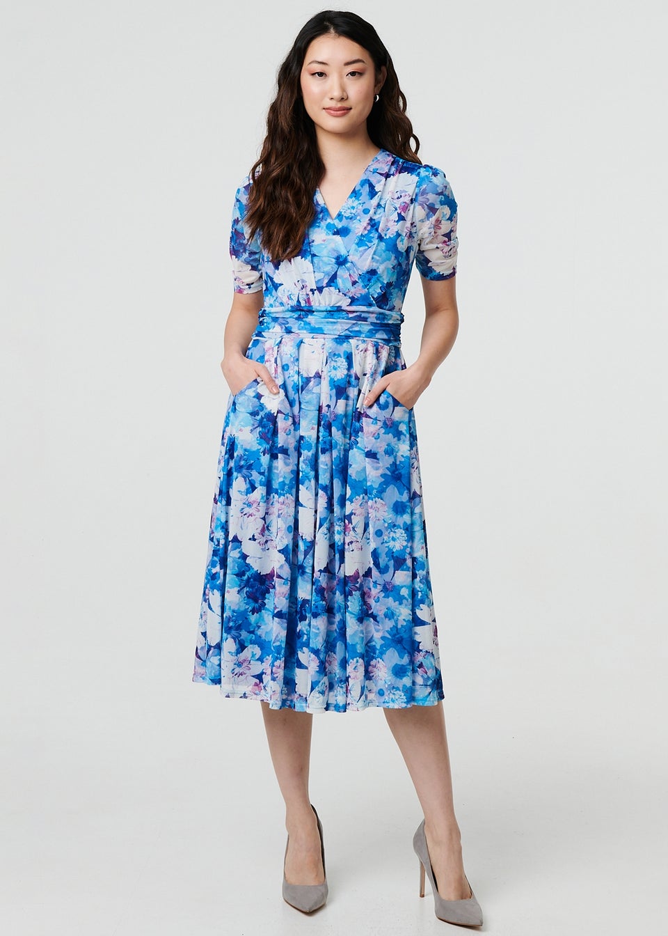 Izabel London Blue Floral Mesh Pleated Faux Wrap Midi Dress