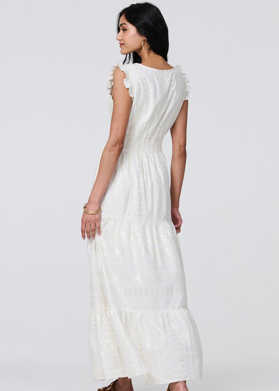 Izabel London White Metallic Detail Frill Cap Sleeve Maxi Dress