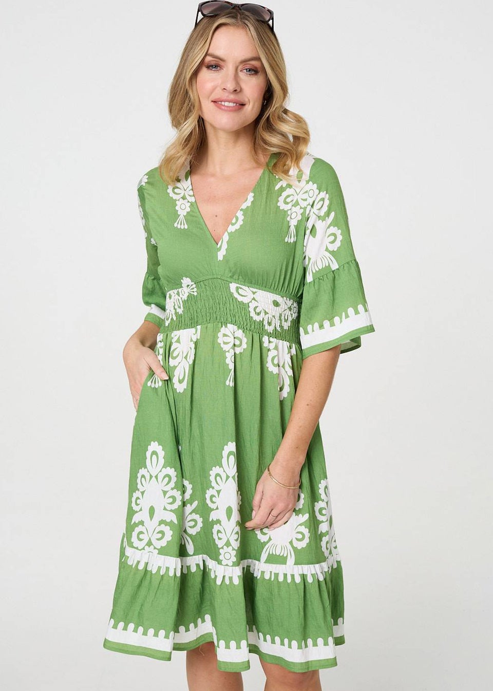 Izabel London Green Ikat Print Relaxed Short Dress
