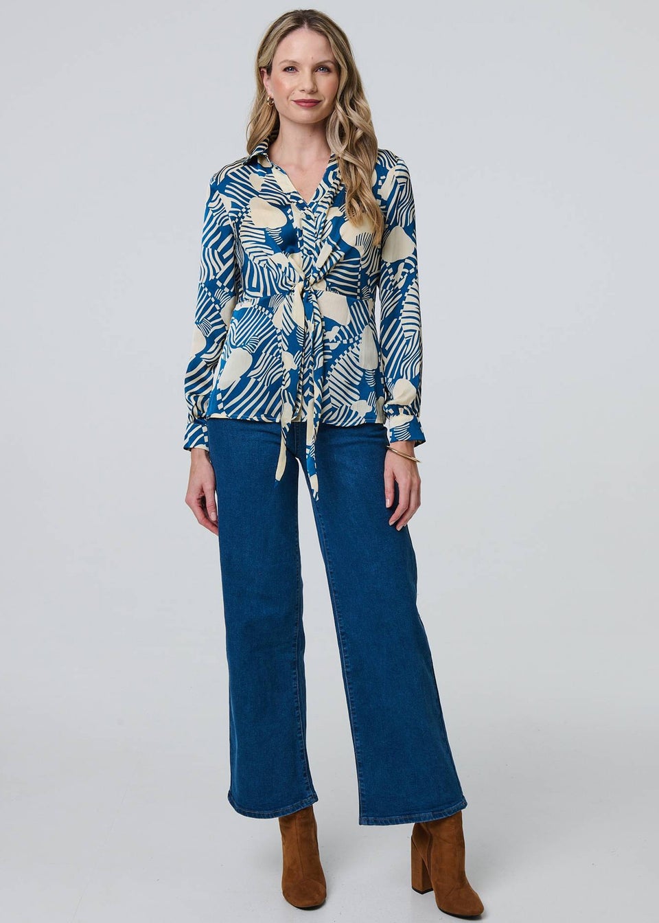 Izabel London Teal Printed Tie Front Long Sleeve Blouse