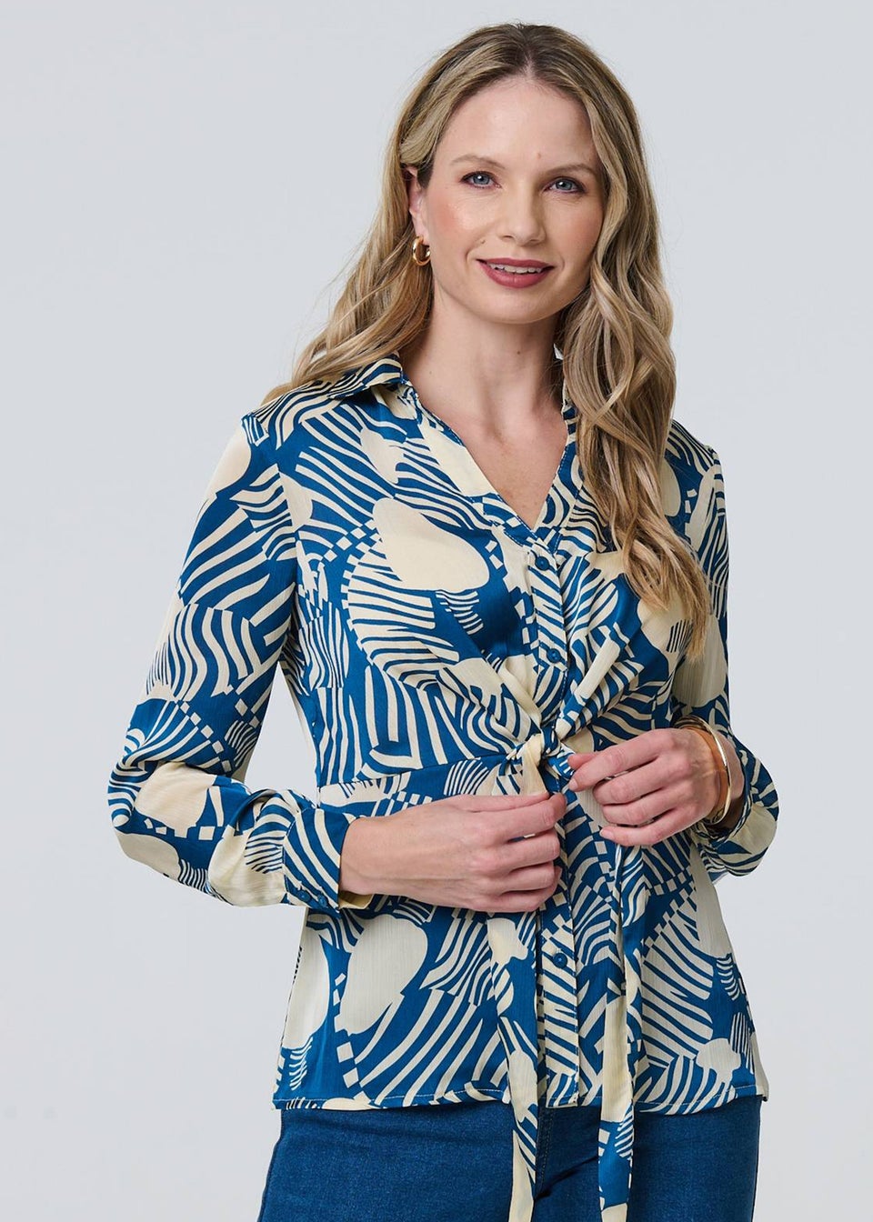 Izabel London Teal Printed Tie Front Long Sleeve Blouse