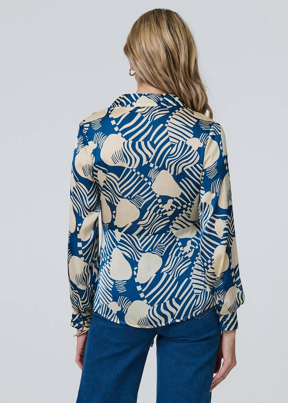 Izabel London Teal Printed Tie Front Long Sleeve Blouse