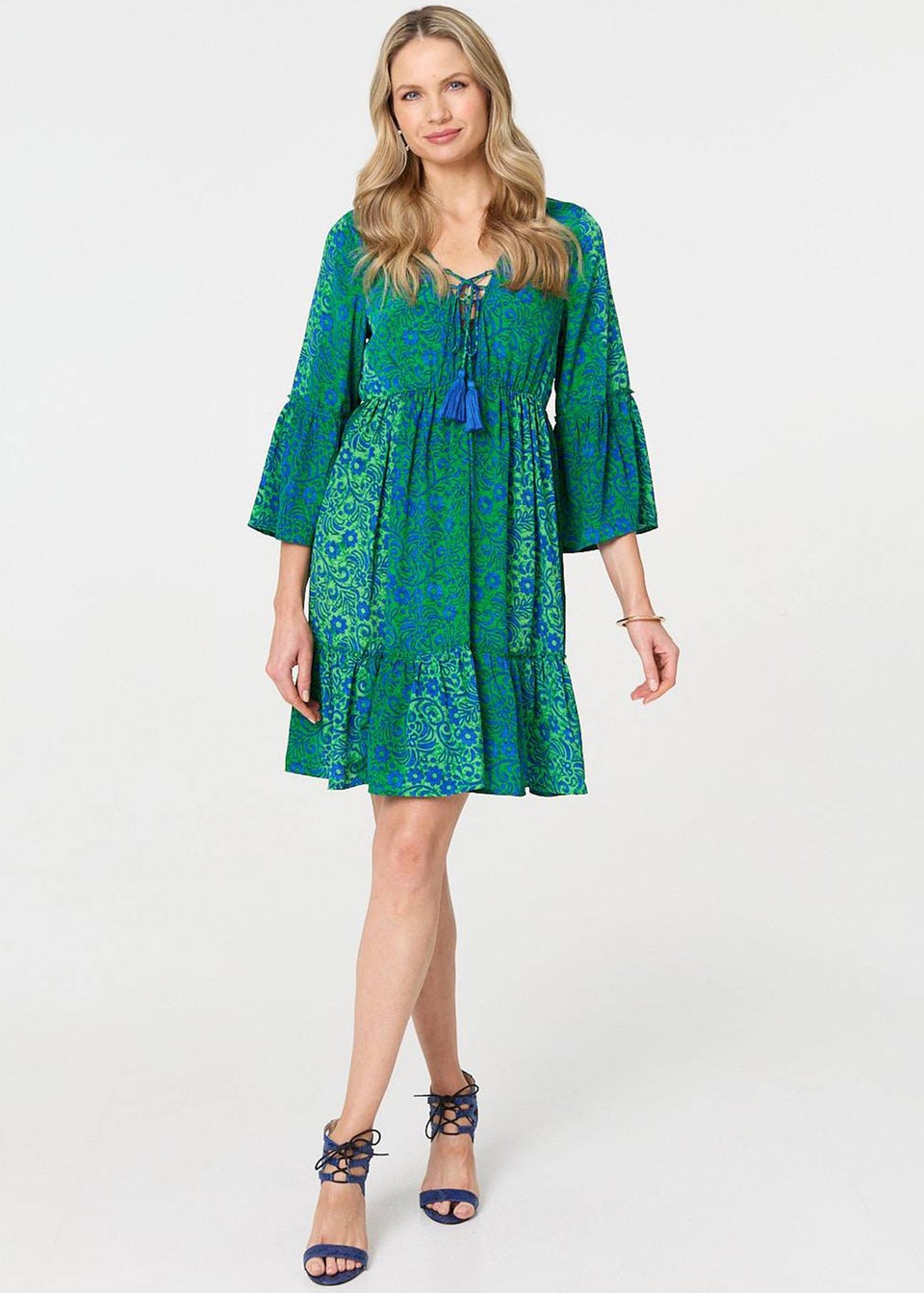 Izabel London Green Paisley Tassel V-Neck Knee Length Dress
