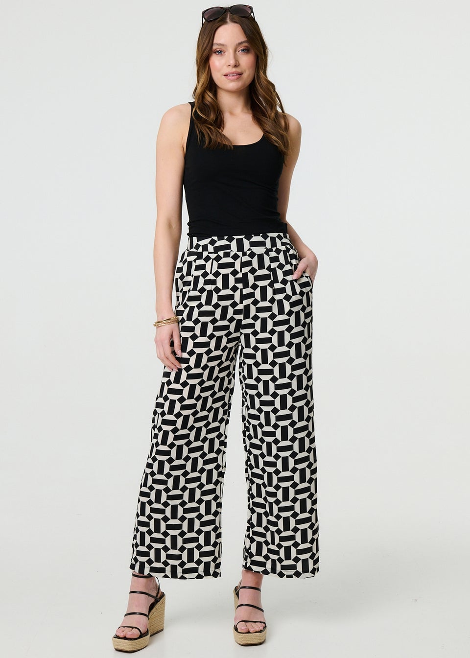 Izabel London Black Geo Print High Waist Wide Leg Trousers
