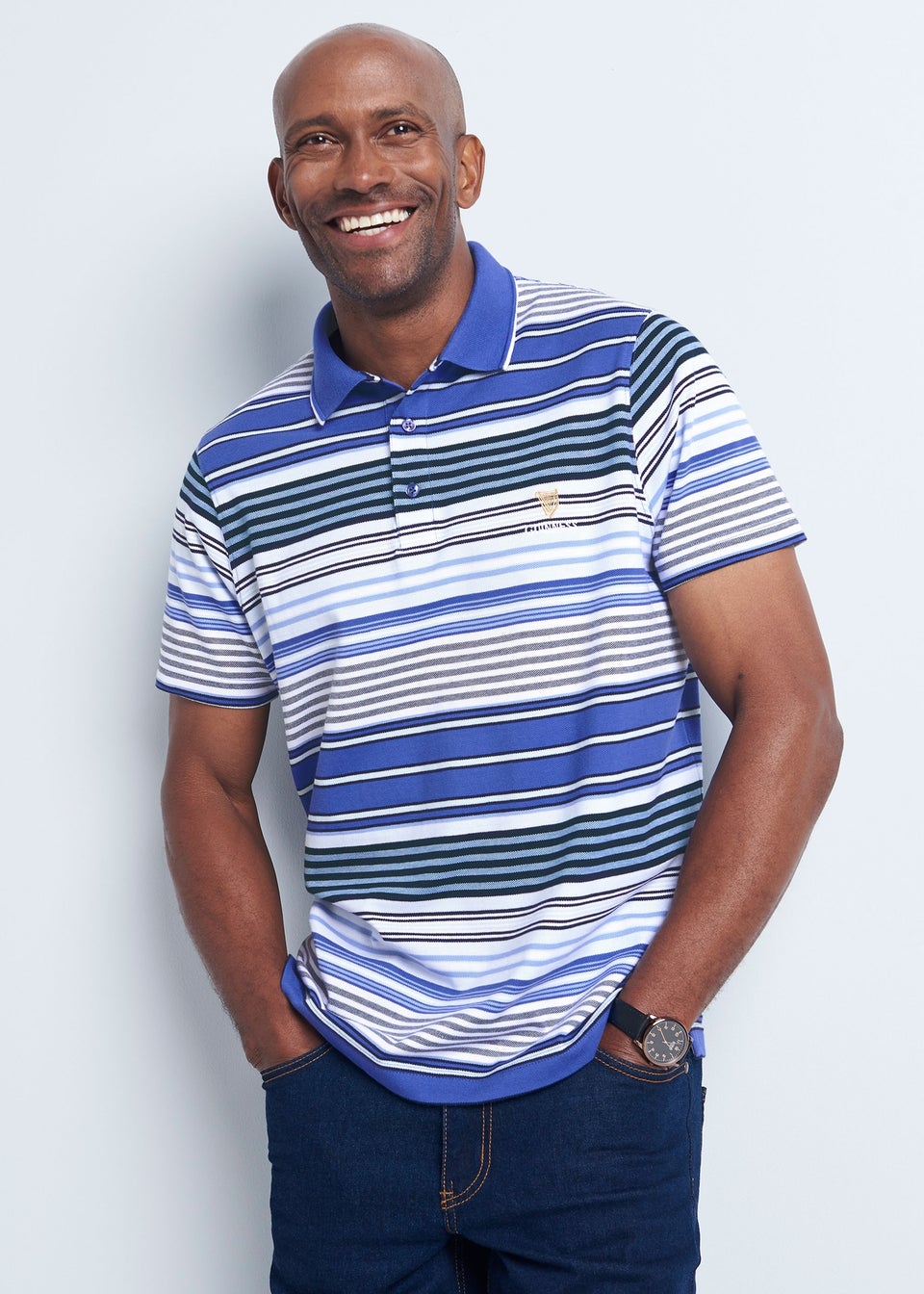 Cotton Traders Indigo Guinness Short Sleeve Birdseye Stripe Polo Shirt