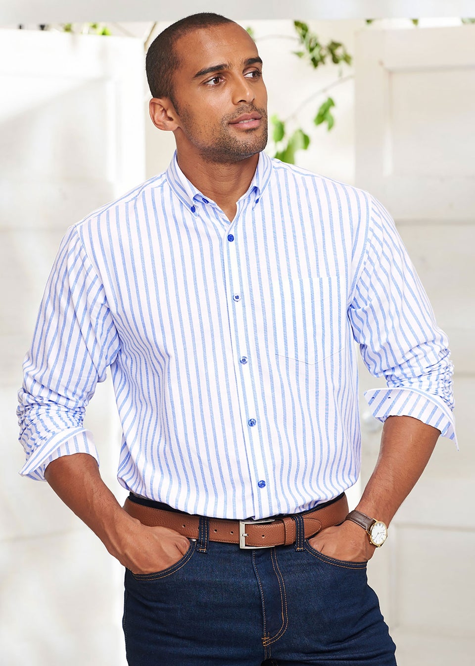 Cotton Traders Pastel Blue Long Sleeve Patterned Oxford Shirt