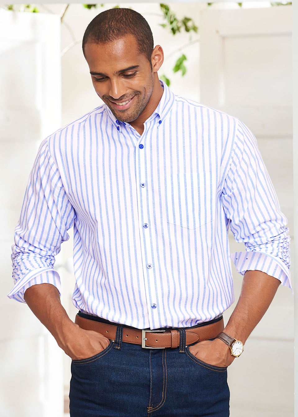 Cotton Traders Pastel Blue Long Sleeve Patterned Oxford Shirt