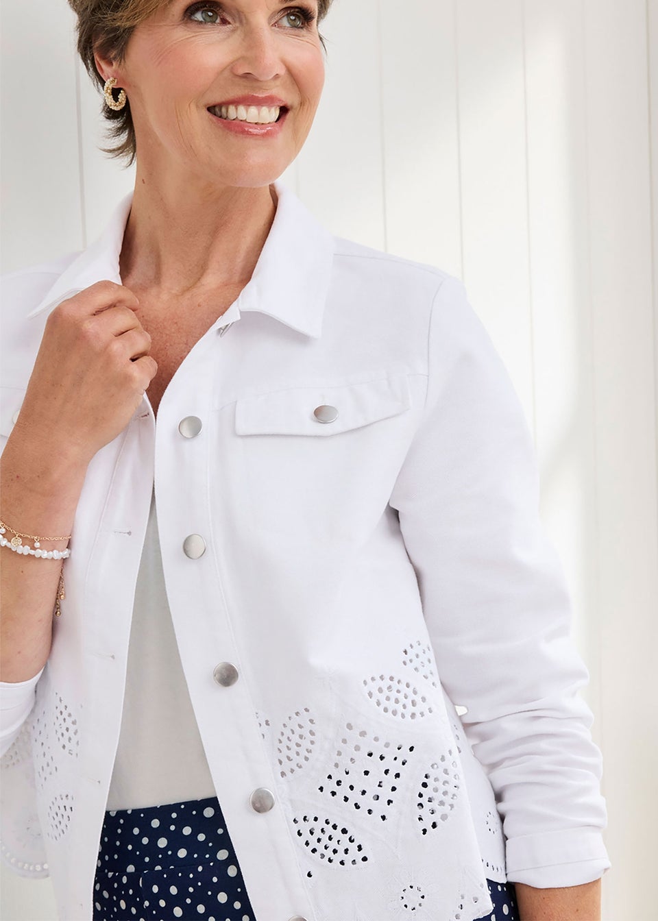 Cotton Traders White / Light Blue Cutwork Denim Jacket
