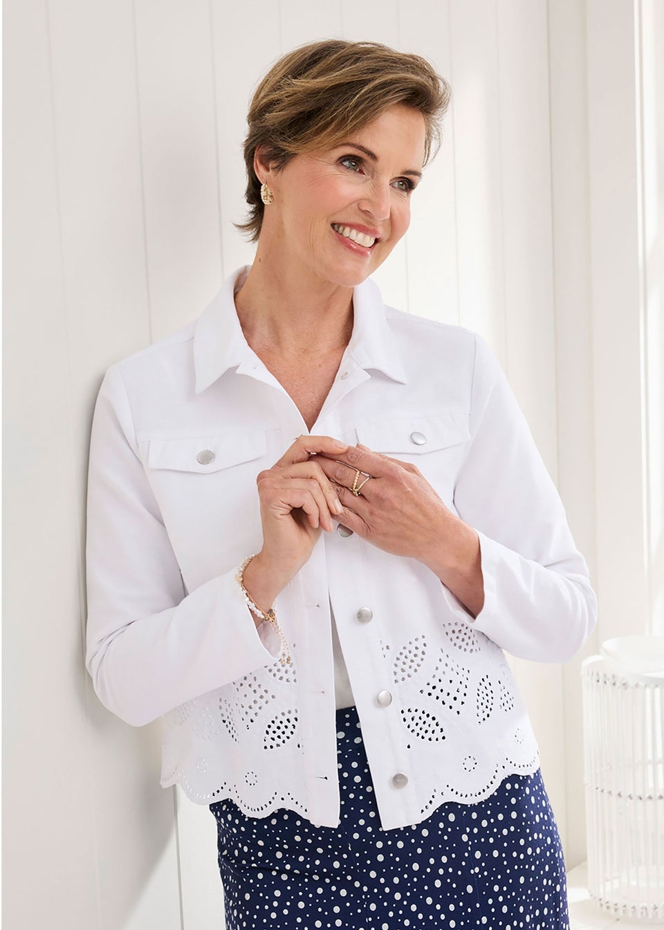 Cotton Traders White / Light Blue Cutwork Denim Jacket