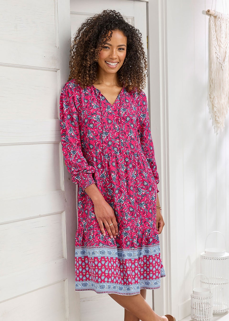 Cotton Traders Fuchsia Print Knee Length Dress