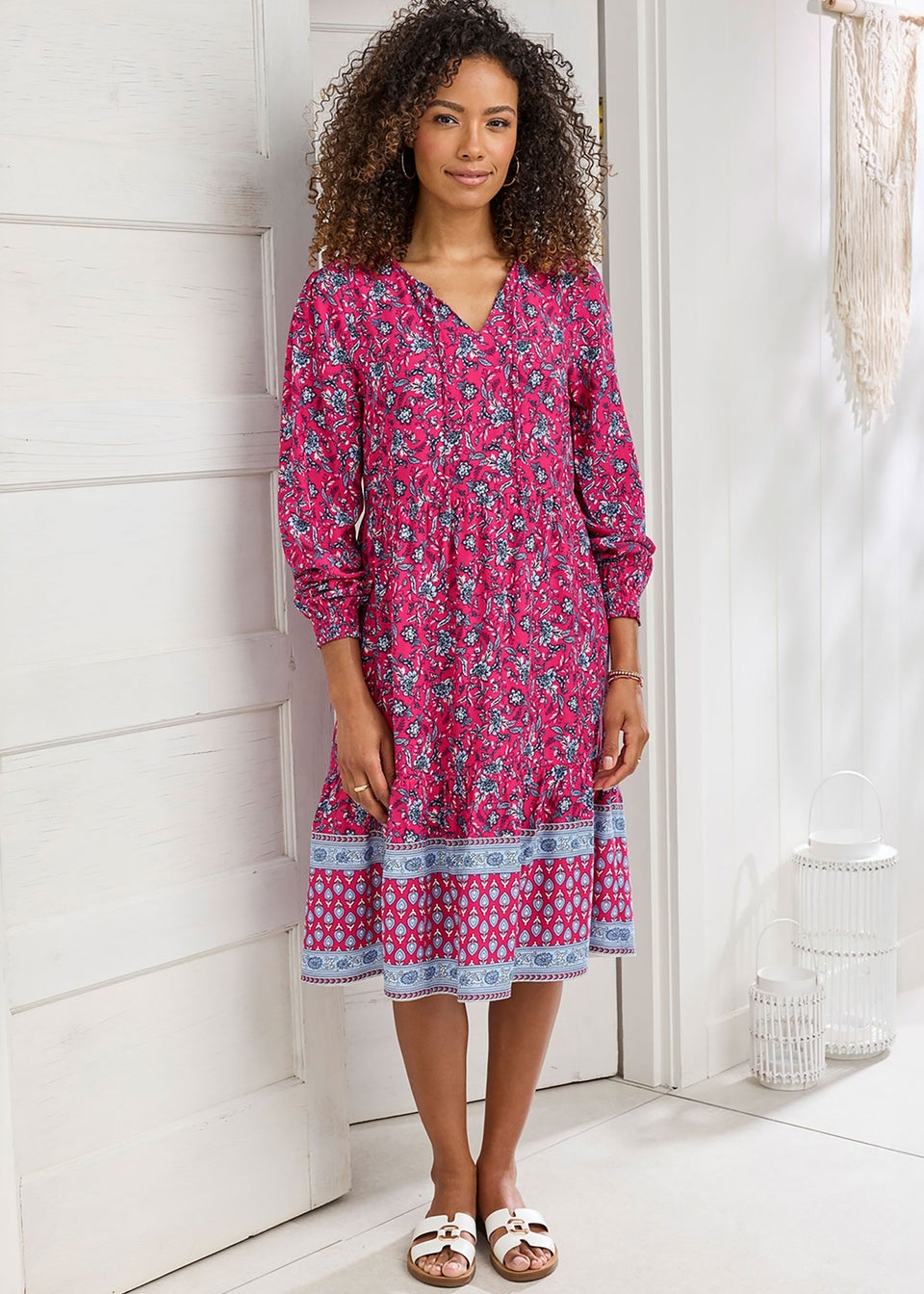 Cotton Traders Fuchsia Print Knee Length Dress