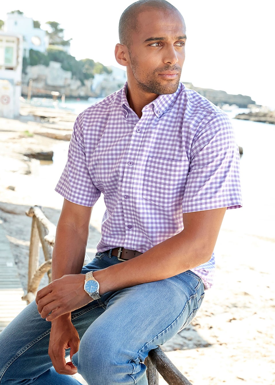Cotton Traders Deep Lilac Short Sleeve Patterned Oxford Shirt