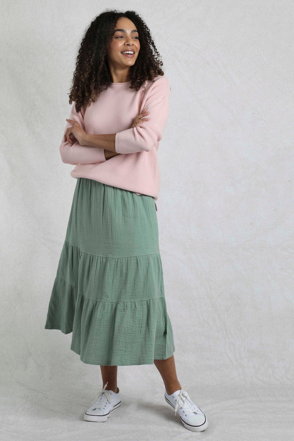 Weird Fish Green Lathika Tiered Midi Skirt