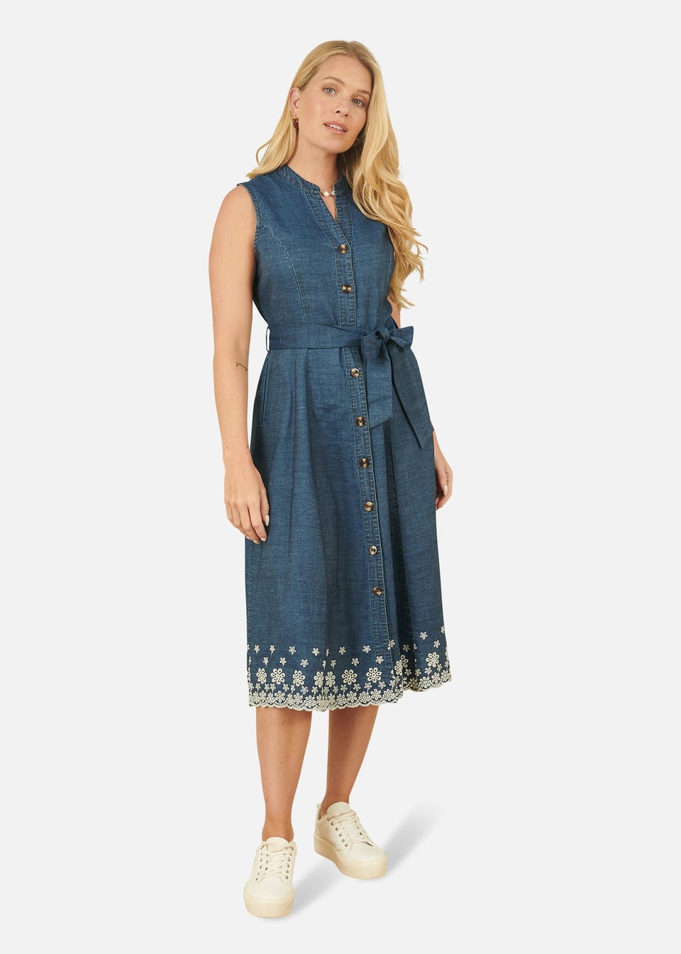 Yumi Blue Chambray Cotton Midi Embroidered Shirt Dress