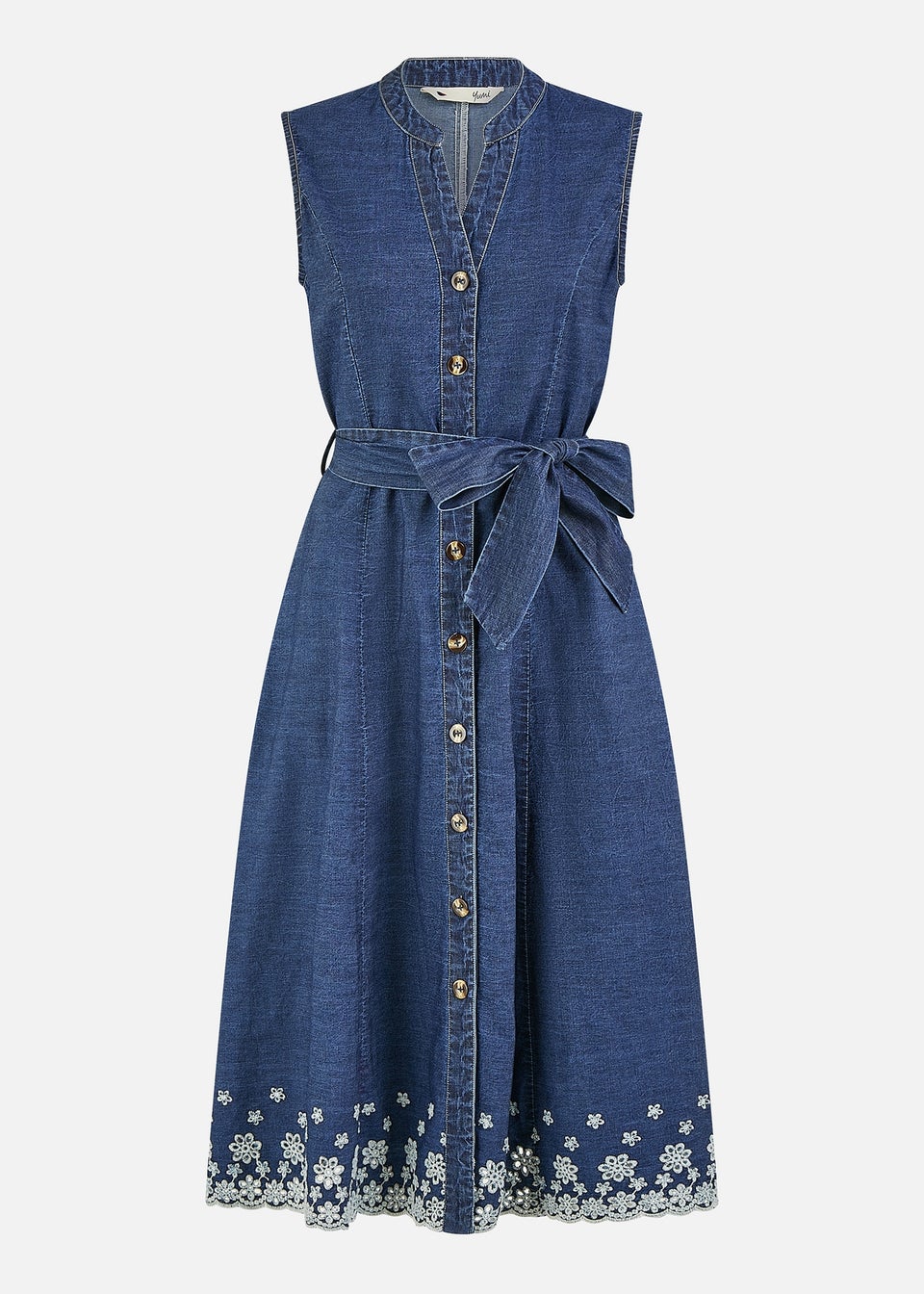 Yumi Blue Chambray Cotton Midi Embroidered Shirt Dress