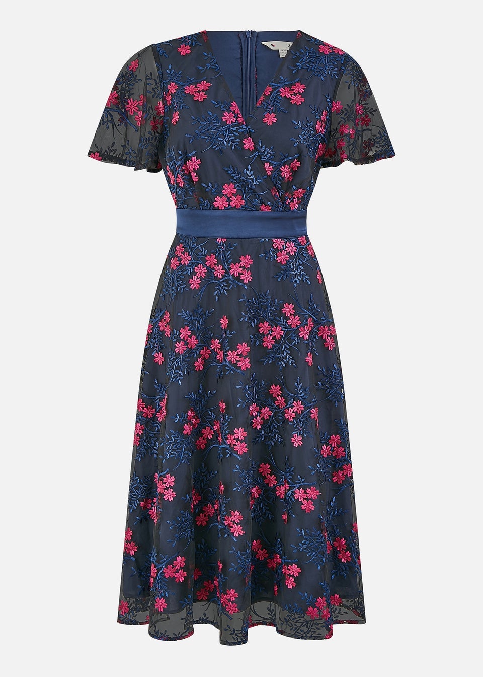 Yumi Navy Embroidered Floral Mesh Wrap Midi Skater Dress