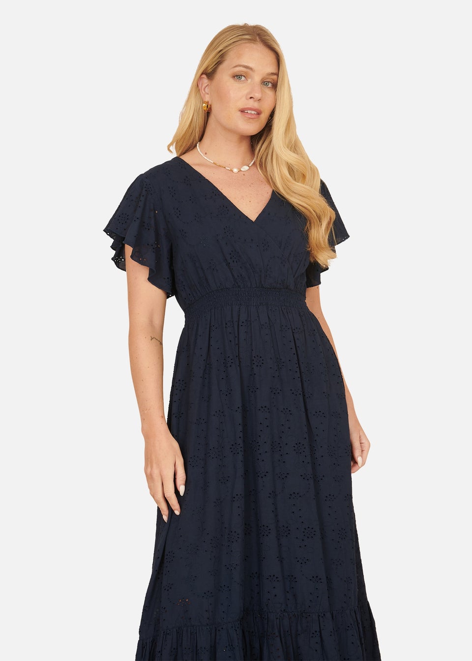 Yumi Navy Cotton Broderie Anglaise Wrap Midi Dress