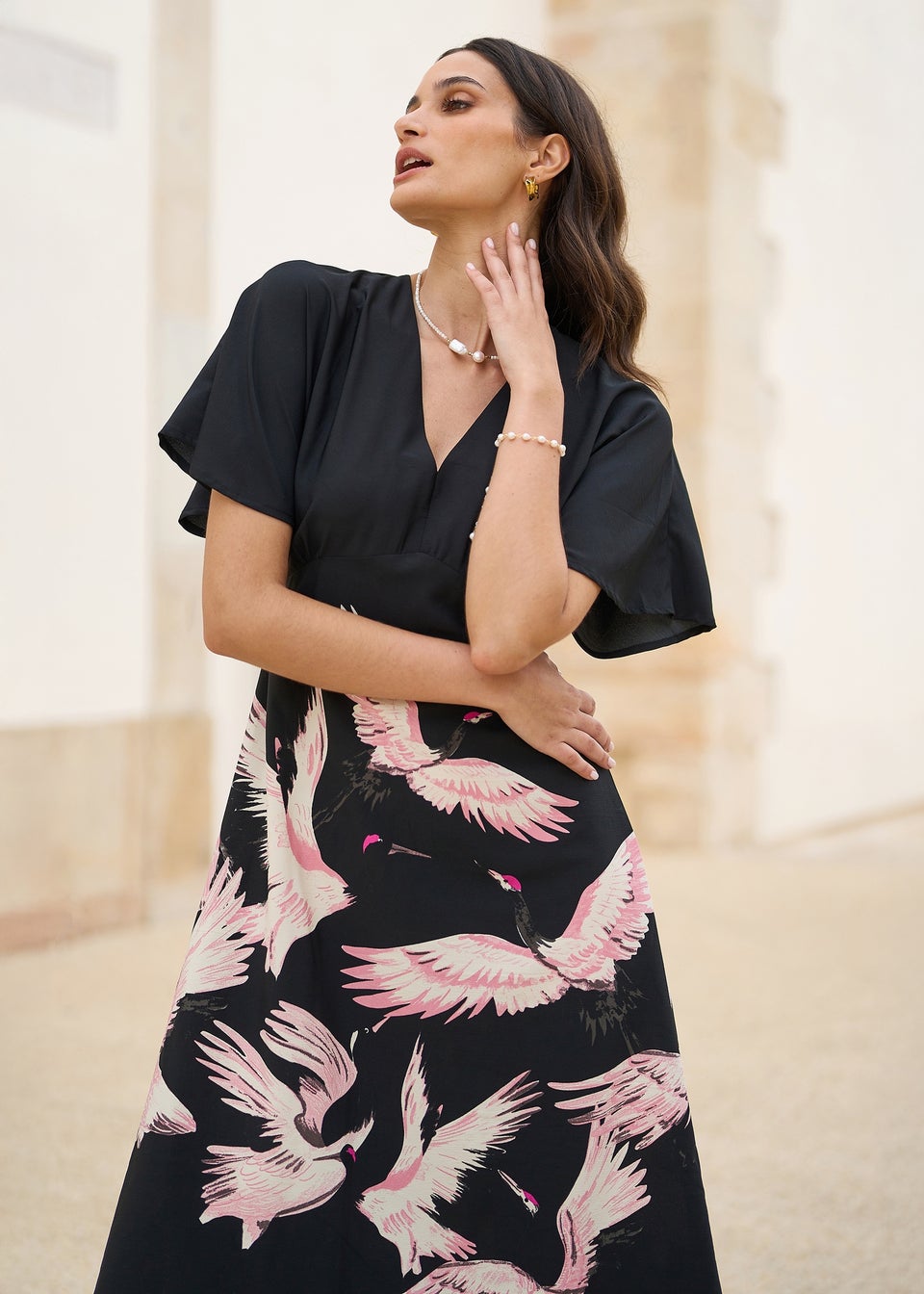 Yumi Black Recycled Fabric Crane Print Kimono Midi Dress