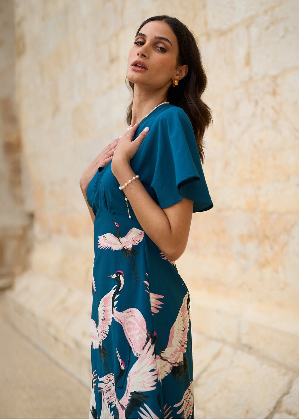 Yumi Teal Recycled Fabric Crane Print Kimono Midi Dress