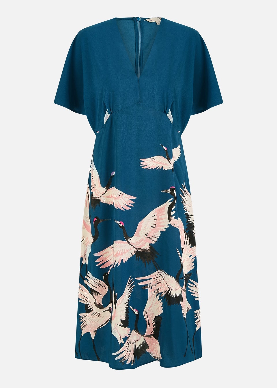 Yumi Teal Recycled Fabric Crane Print Kimono Midi Dress
