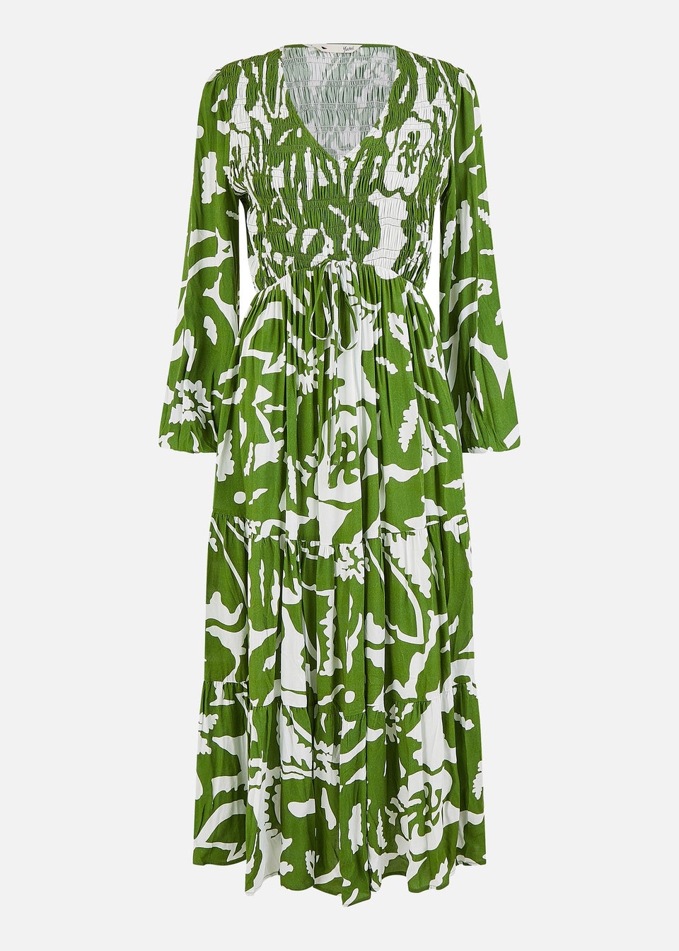 Yumi Green Abstract Print Ruched Midi Dress With Long Sleeves