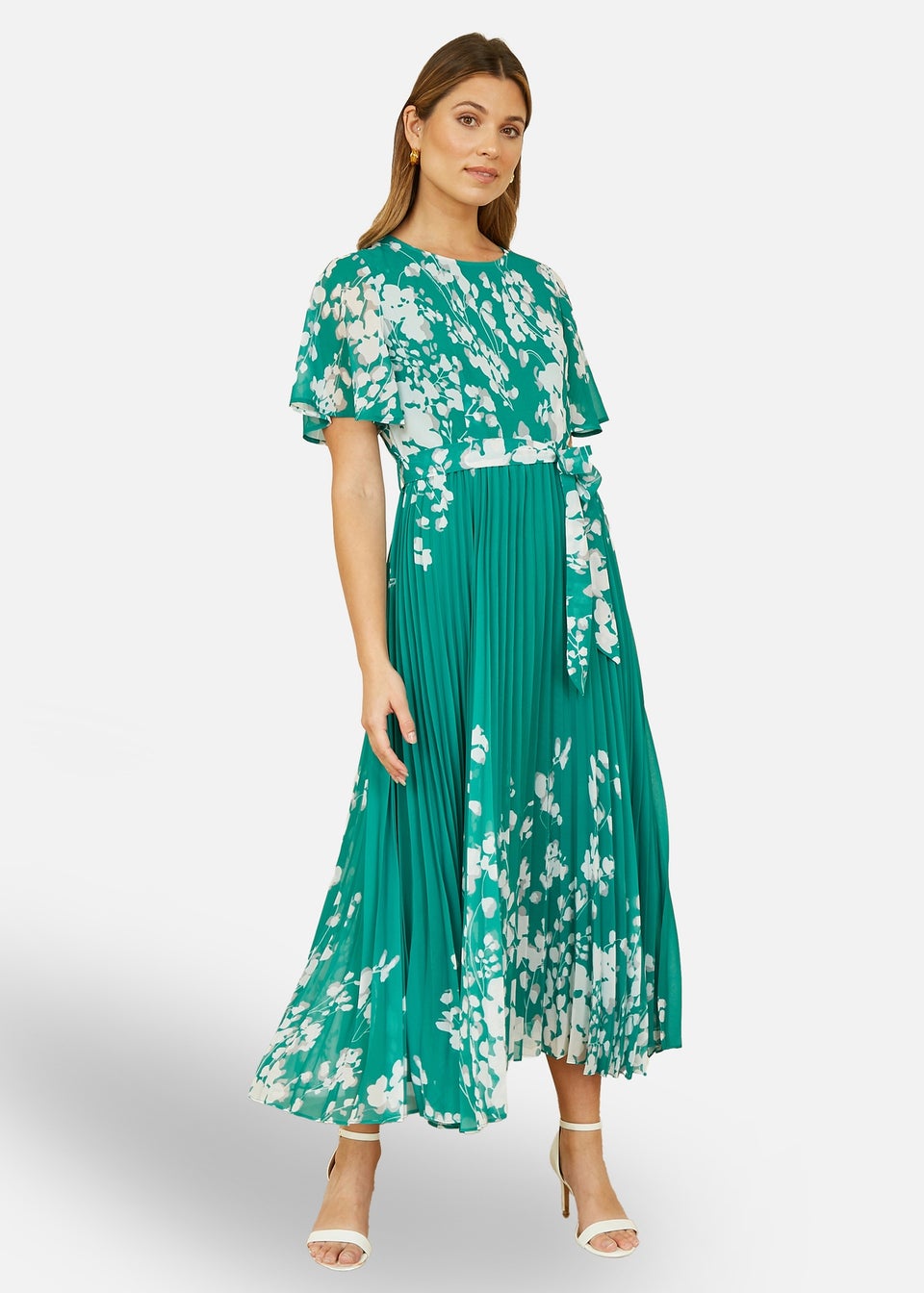 Yumi Green Mirror Floral Design Pleated Midi Dress