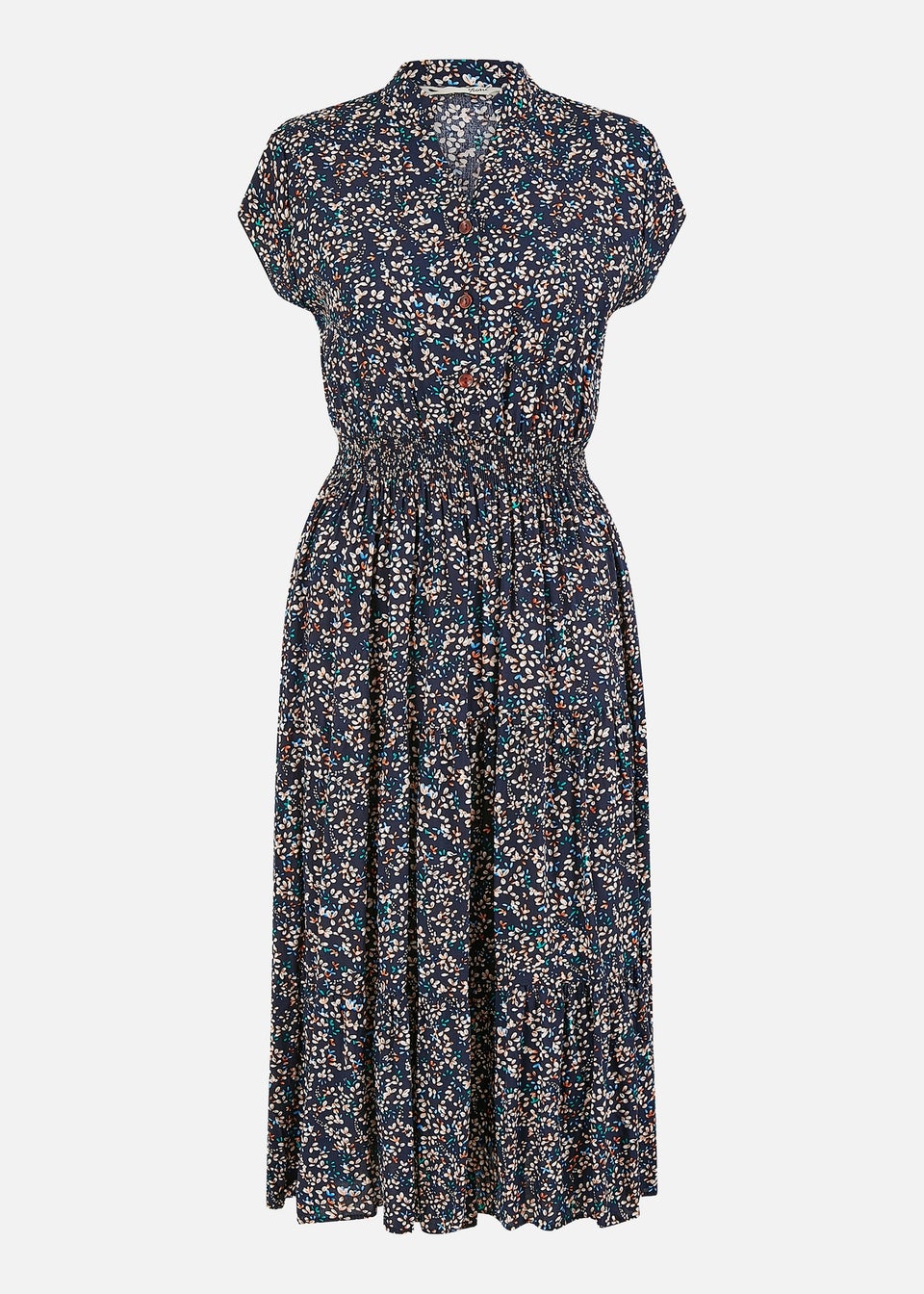 Yumi Navy Ditsy Print Ruched Waist Button Down Midi Dress