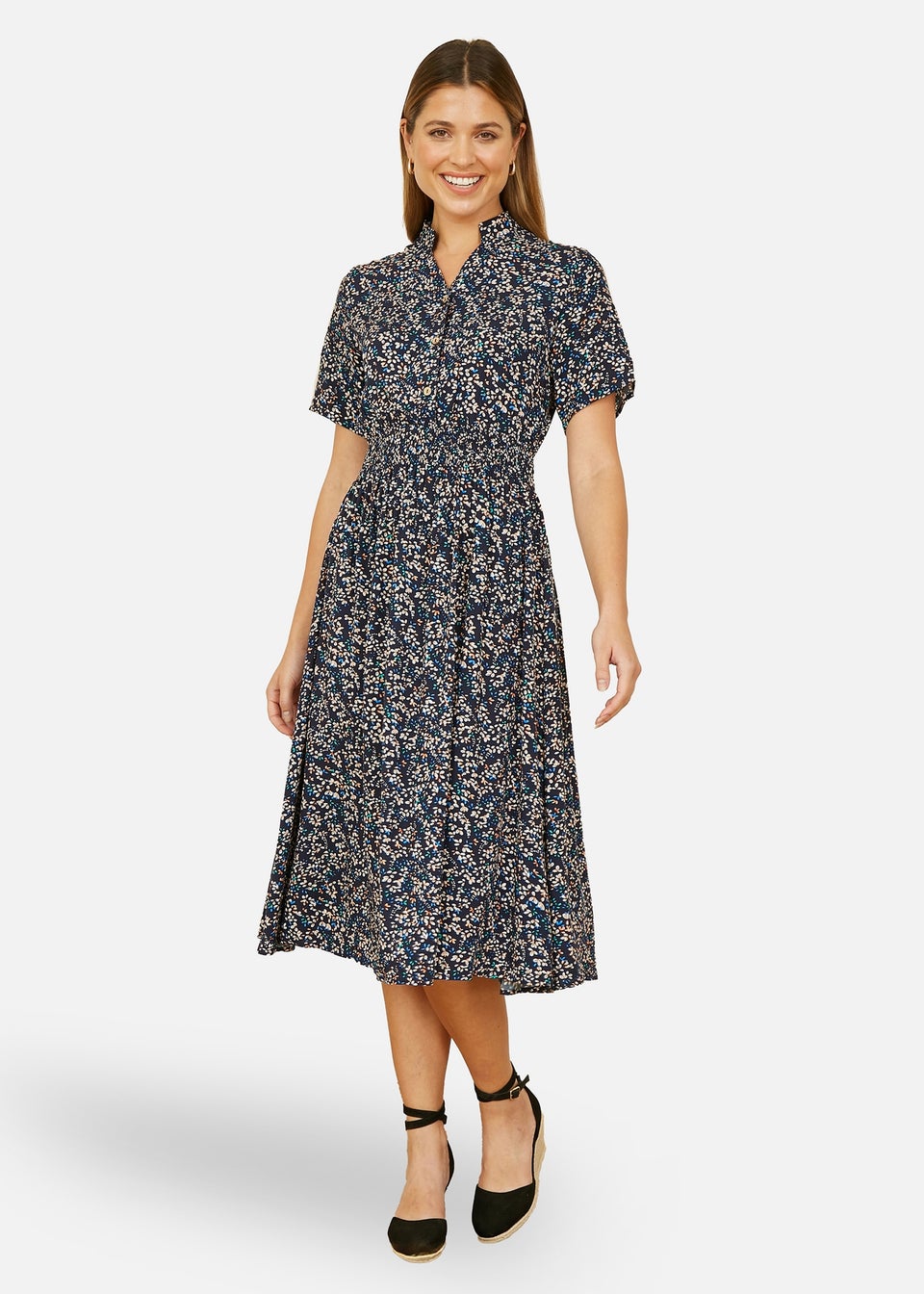Yumi Navy Ditsy Print Ruched Waist Button Down Midi Dress