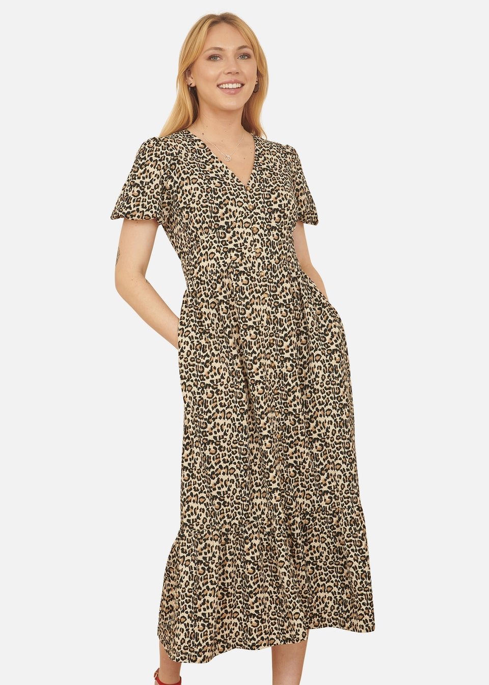 Yumi Brown Leopard Print Pleated Button Through Midi Dress