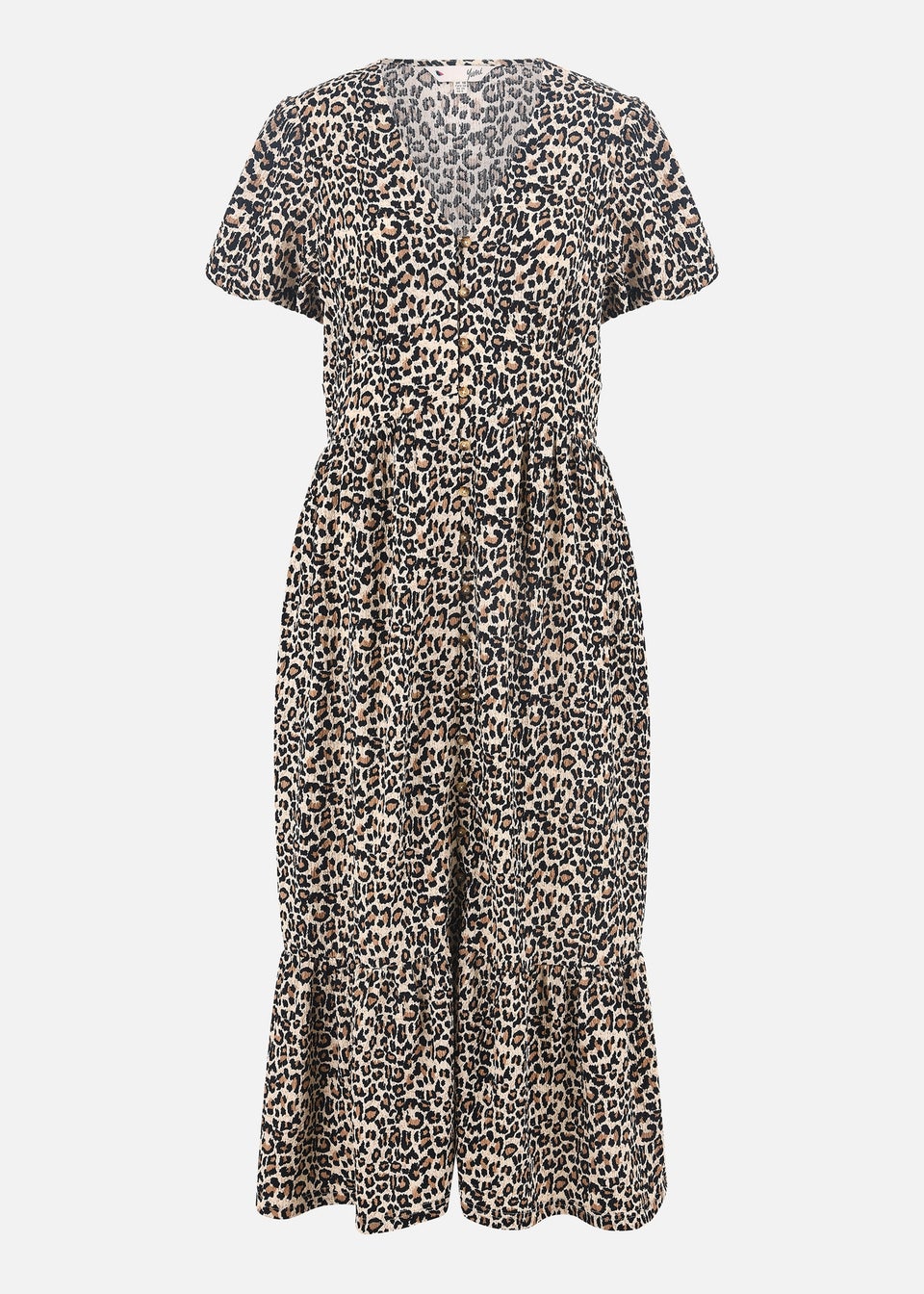Yumi Brown Leopard Print Pleated Button Through Midi Dress