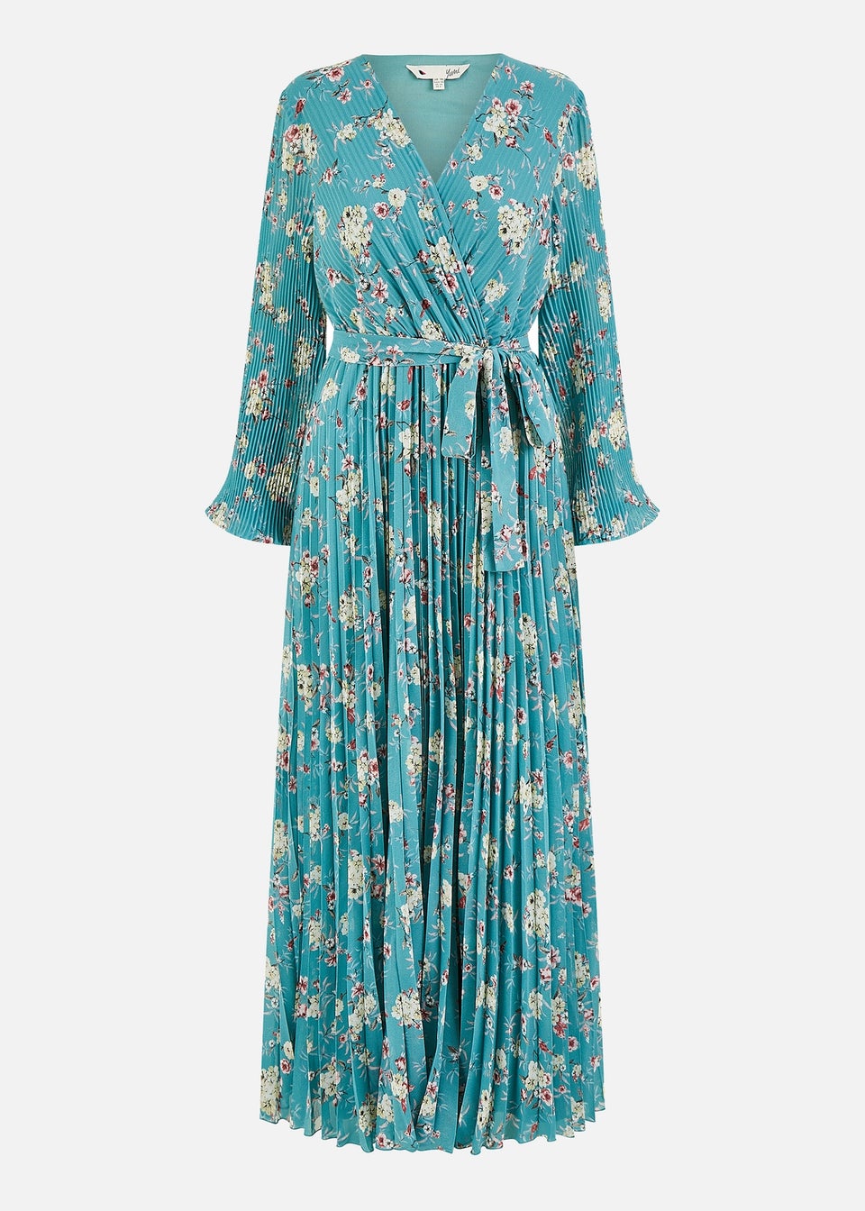 Yumi Mint Green Floral Pleated Long Sleeve Wrap Over Midi Dress