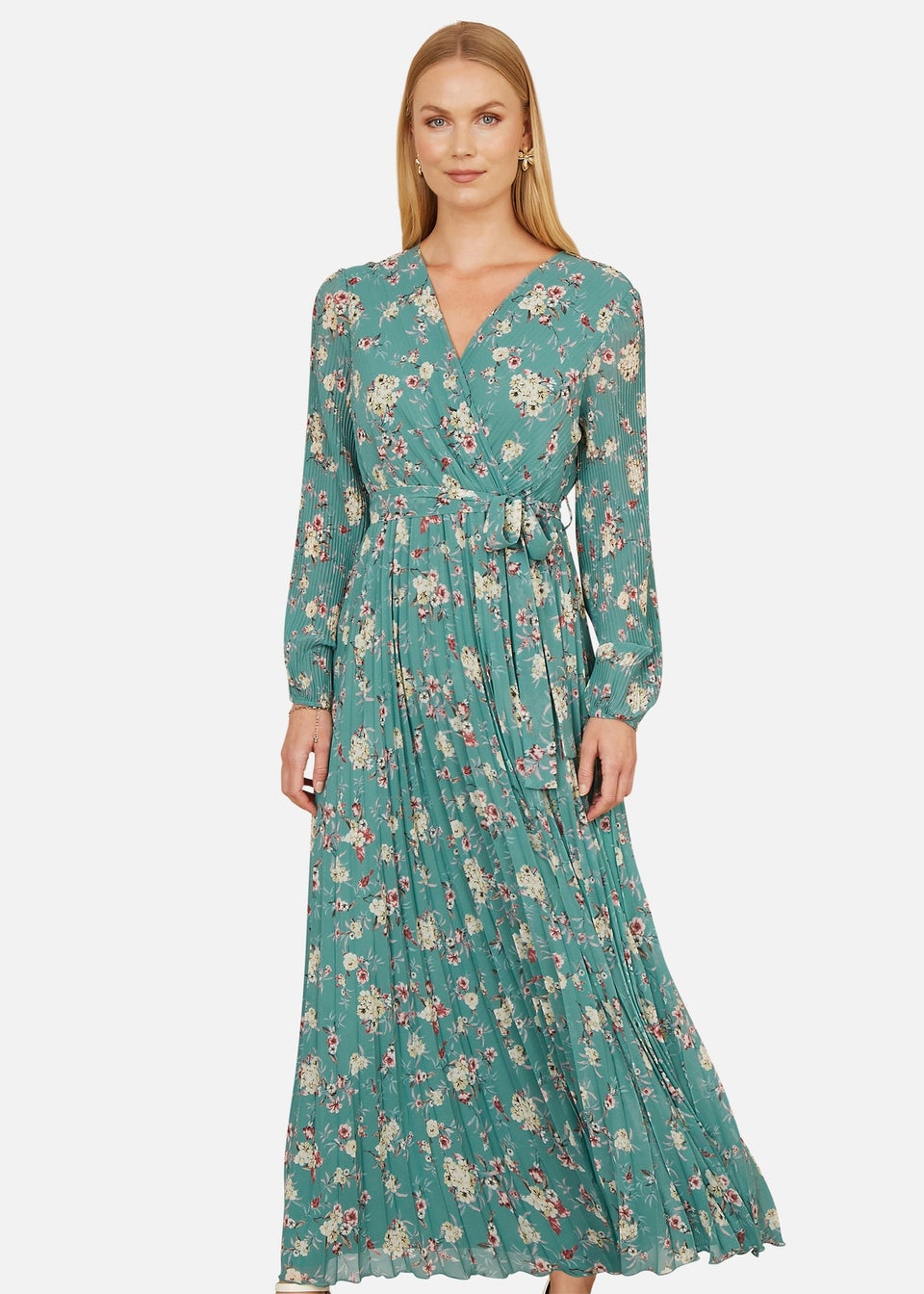 Yumi Mint Green Floral Pleated Long Sleeve Wrap Over Midi Dress