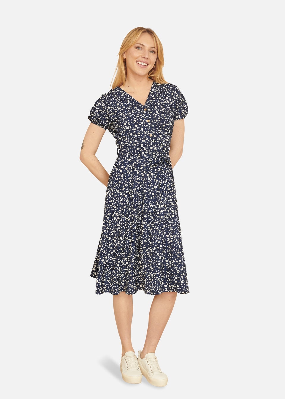 Yumi Navy Ditsy Floral Midi Shirt Dress