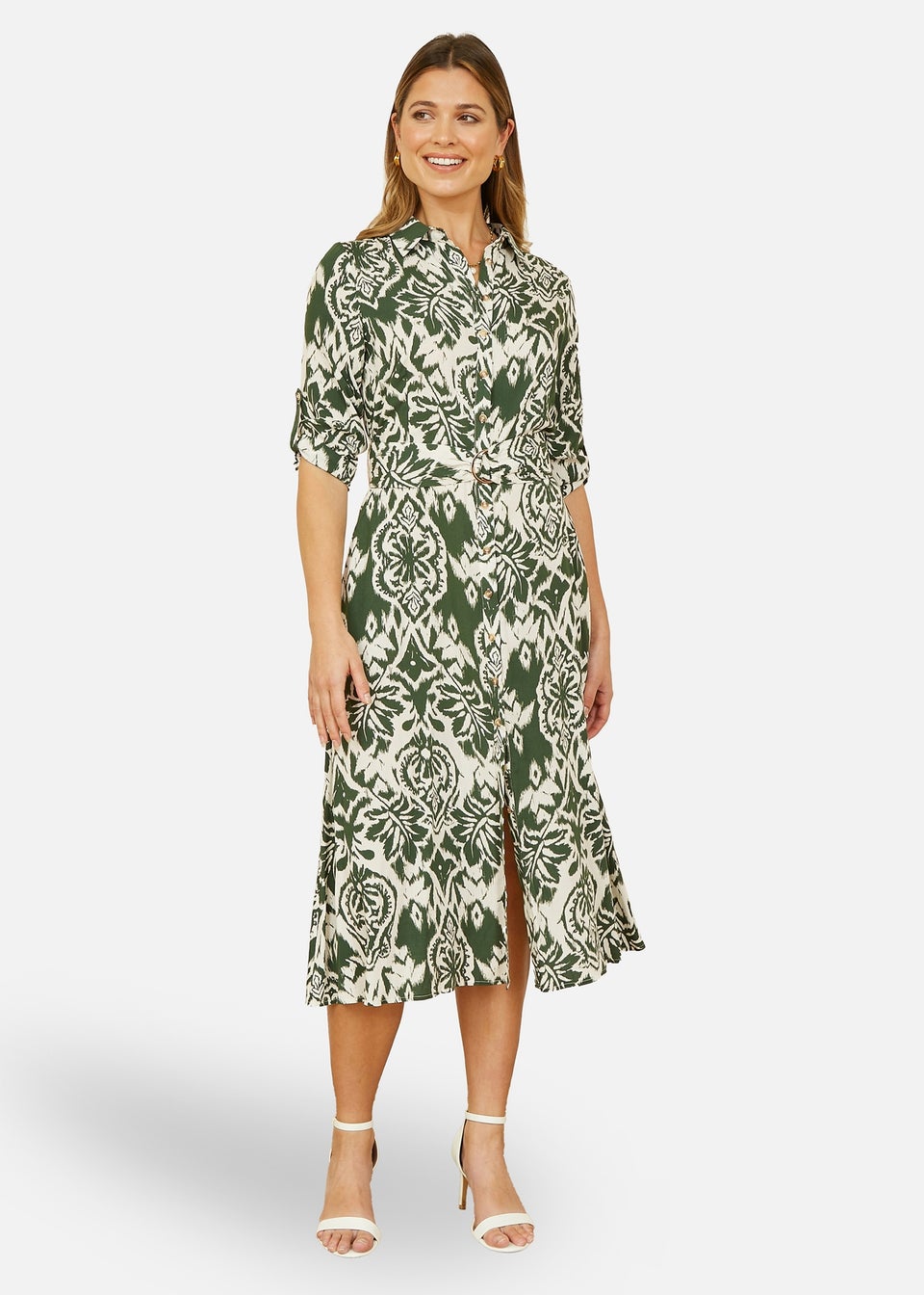 Yumi  Green Ikat Geo Print Midi Shirt Dress