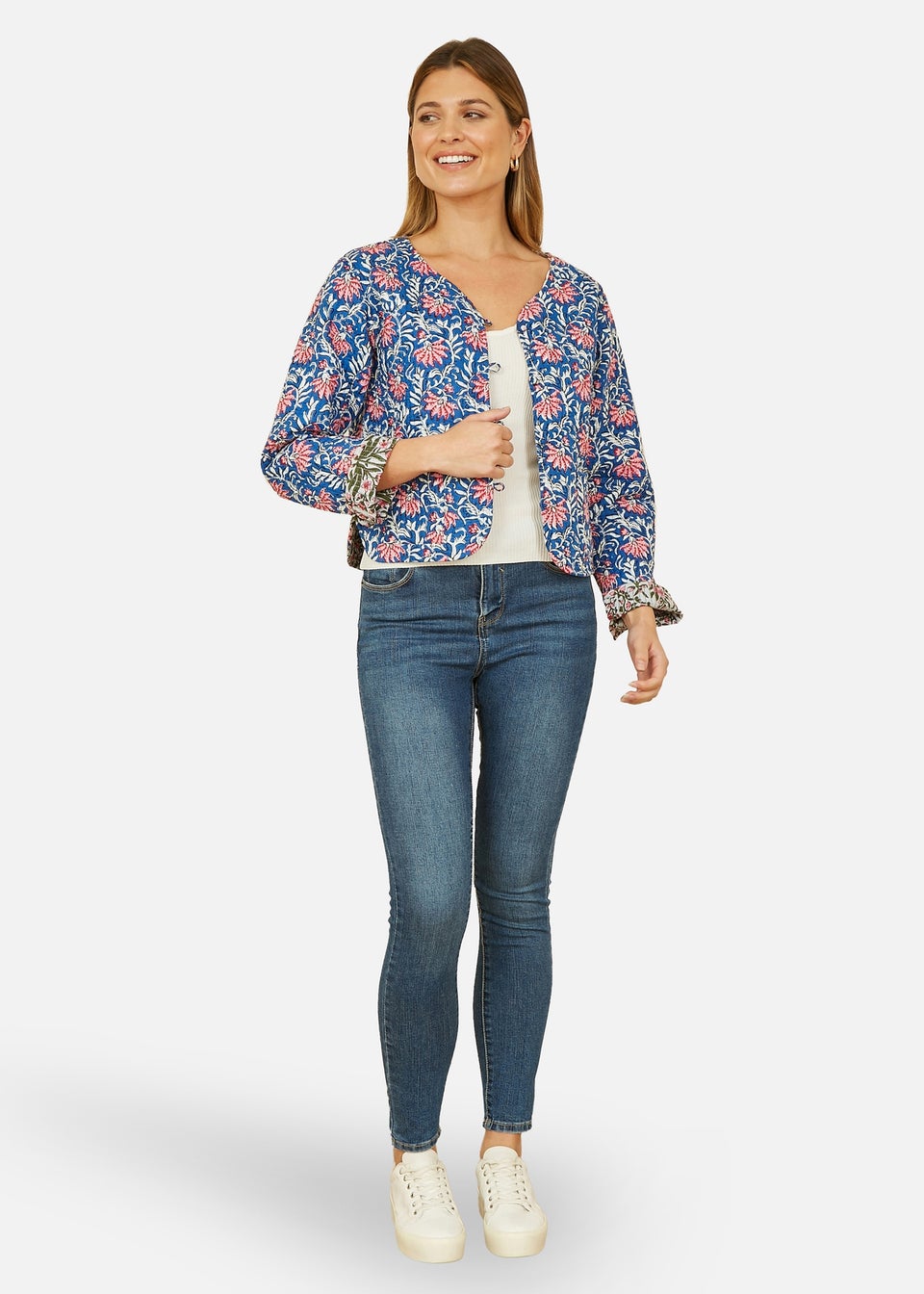 Yumi Blue Floral Reversible Cotton Quilted Jacket