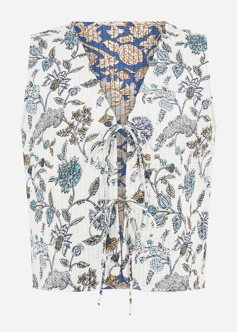 Yumi White Leaf Reversible Cotton Quilted Waistcoat