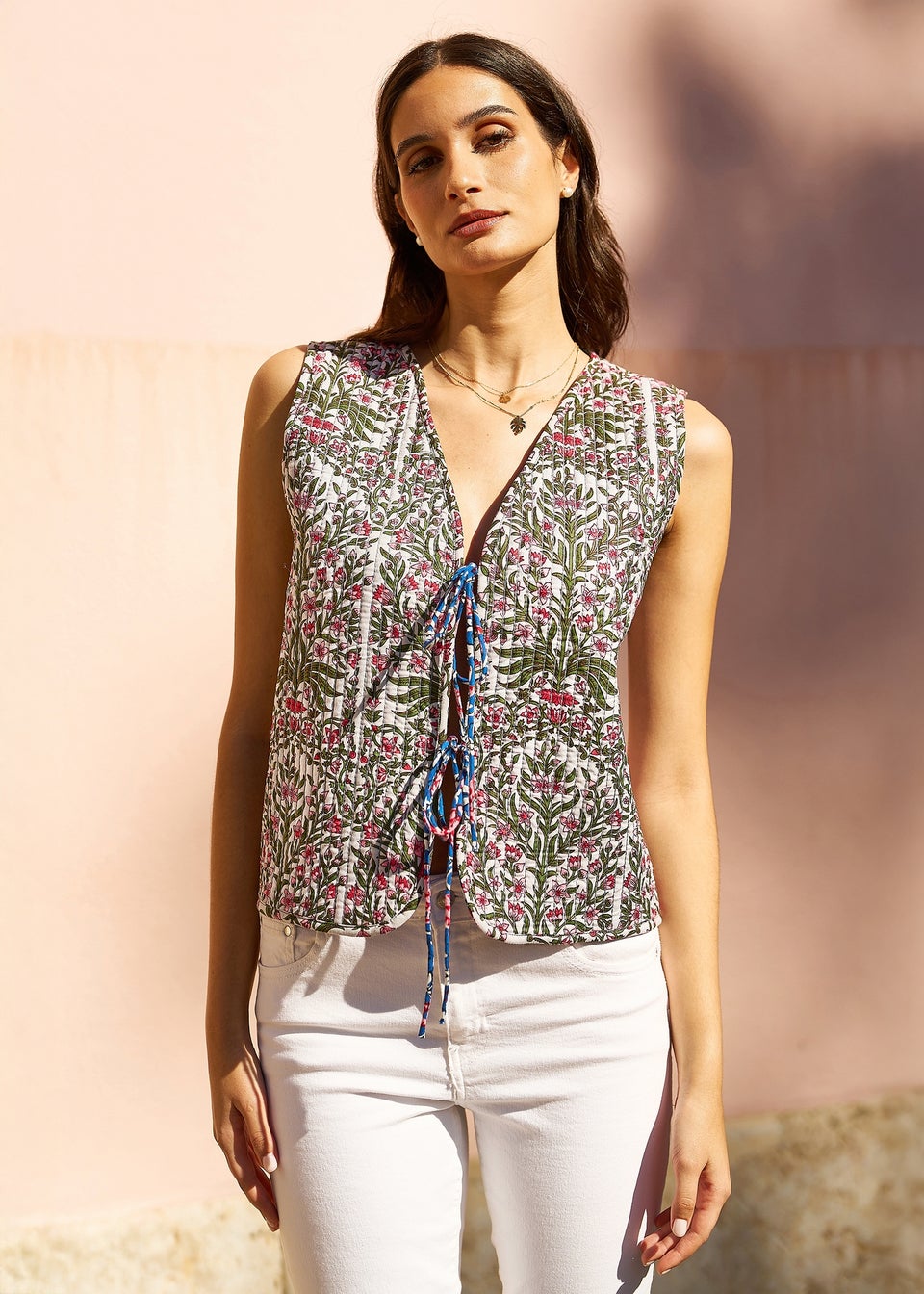 Yumi Blue Flower Reversible Cotton Quilted Waistcoat