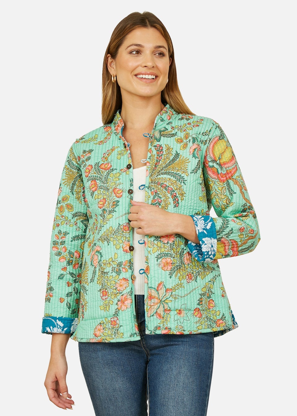 Yumi Teal Floral Reversible Cotton Quilted Jacket
