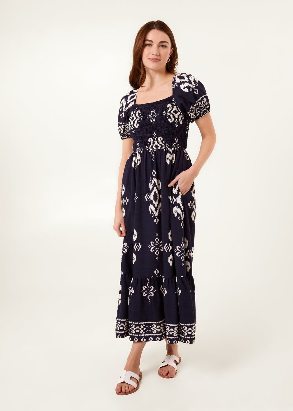 Blue Vanilla Navy Square Neck Shirred Waist Puff Sleeve Midi Dress