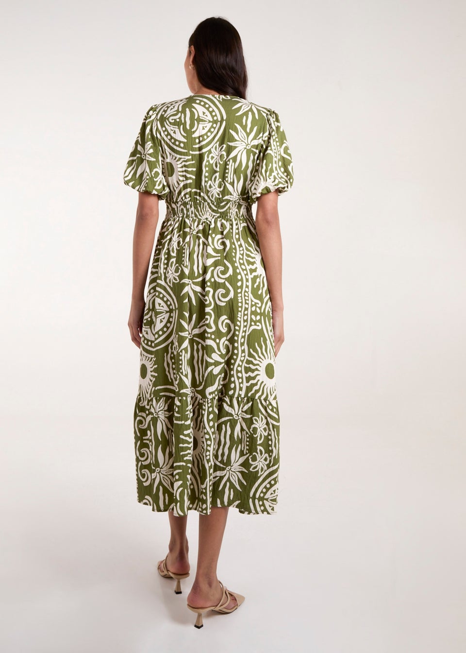 Blue Vanilla Green Printed Puff Sleeve Shirred Waist Midi Dress