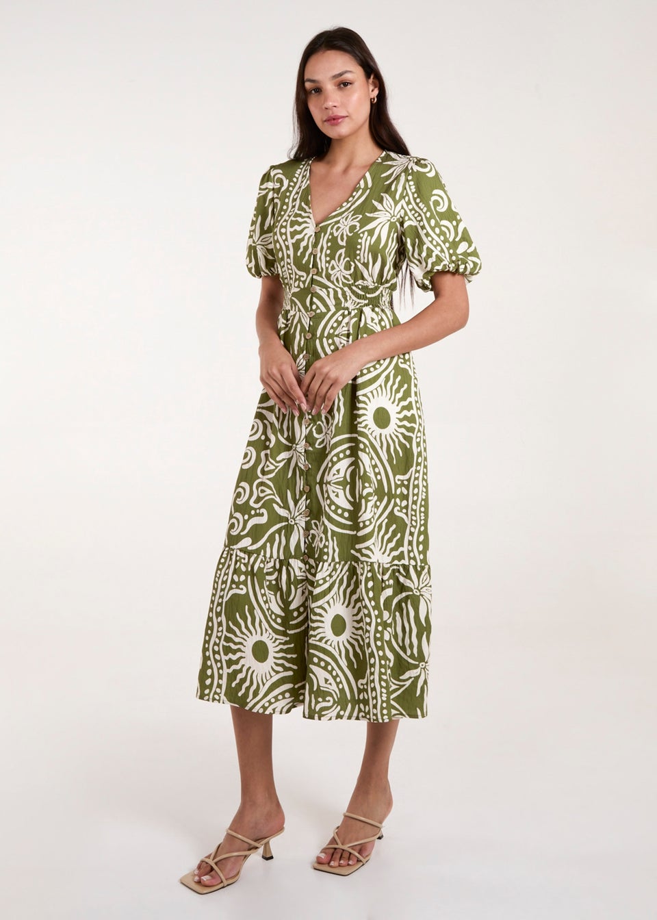 Blue Vanilla Green Printed Puff Sleeve Shirred Waist Midi Dress