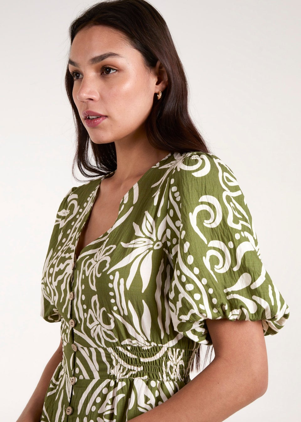 Blue Vanilla Green Printed Puff Sleeve Shirred Waist Midi Dress